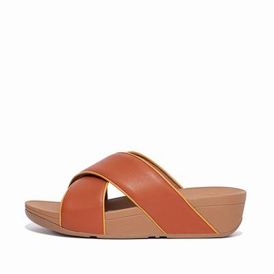 Fitflop Women's LULU Pop Binding Leather Cross Slides Sandals - Brown, TI7431652